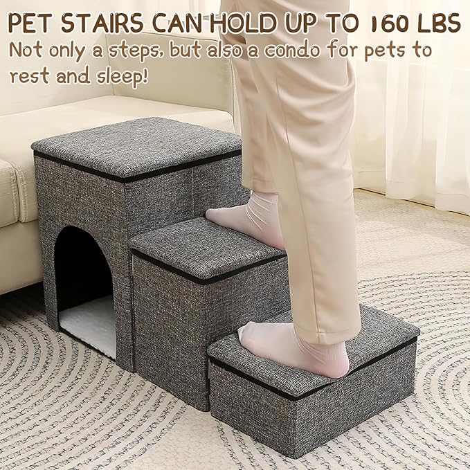 Fhiny Dog Stairs with Storage, 3-Steps Foldable Pet Stairs for Small Dogs Non-Slip Puppy Steps with Condo for High Bed & Couch Dog Ramp for Old Dogs and Cats, Holding up to 160 lbs Pets (Grey)