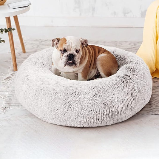 Love's cabin Calming Cat Bed for Indoor Cats,Anti-Anxiety Donut Round Dog Bed,Fluffy Faux Fur Washable Pet Bed for Small Medium Dogs and Cats,Coffee,24in