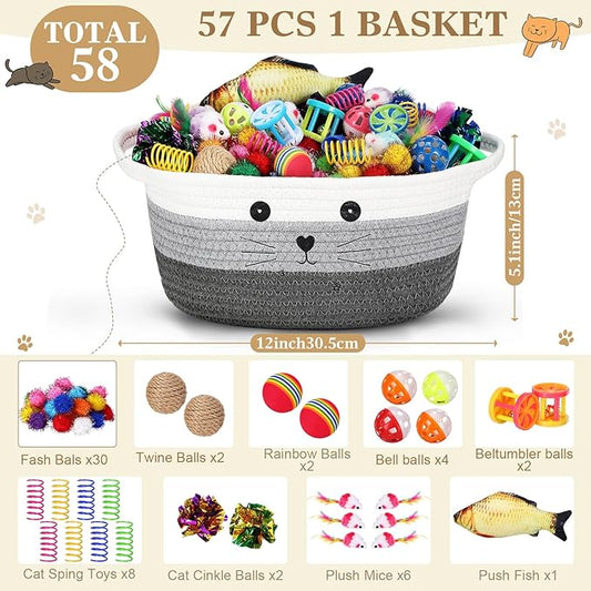 Zopeal 58 Pcs Cat Storage Basket Gift Toys Set, Colorful Flashing Balls Pet Bell Crinkle Balls Spring Toys Attract Cat to Swat, Bite, Hunt, Interactive for Pet (Multicolor,12 Inch)
