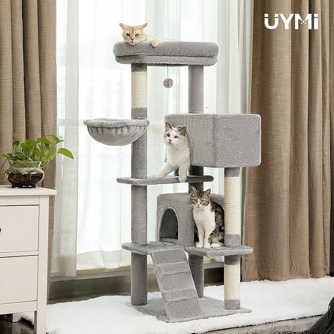 Cat Tree for Indoor Cats, 2 Cozy Condos with Spacious Top Perch, 56.3-Inch Multi-Level Cat Tower with Scratching Posts, 2 Caves, Plush Hammock and Climbing Ramp, Light Grey