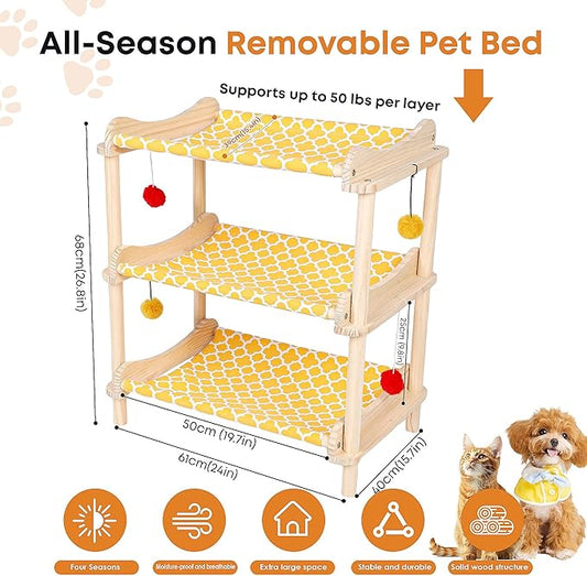 Large 3-Layer Cat Hammock Bed, 24"x15.7"x26.8" Elevated Cat Bed with Pine Wood Frame, Breathable Washable Covers, Wooden Pet Furniture for Indoor Cats and Small Animals (Orange, 3-Tier)