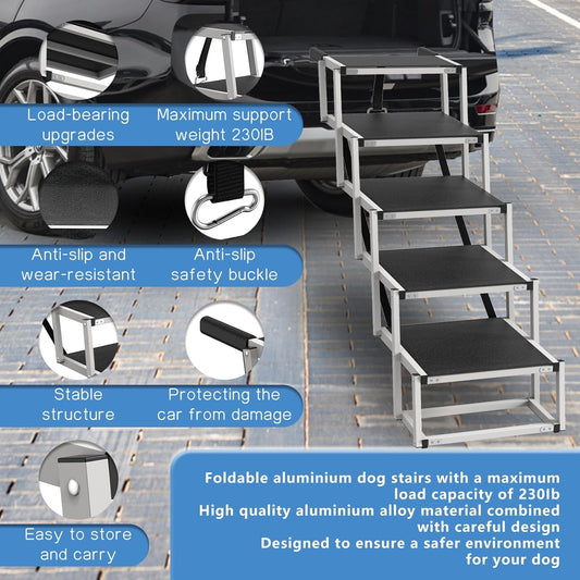 Dog Stairs for Large Dogs - 5 Step Foldable Dog Ramp for Car Non-Slip Surface Support up to 230lbs - Suitable for SUV,Truck, Sofas, Bed