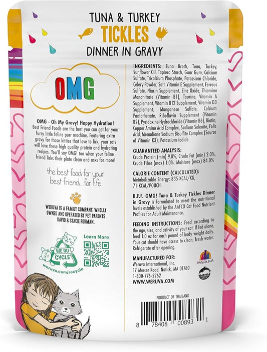 Weruva B.F.F. OMG - Best Feline Friend Oh My Gravy!, Tuna & Turkey Tickles with Tuna & Turkey in Gravy Cat Food, 3oz Pouch (Pack of 12)