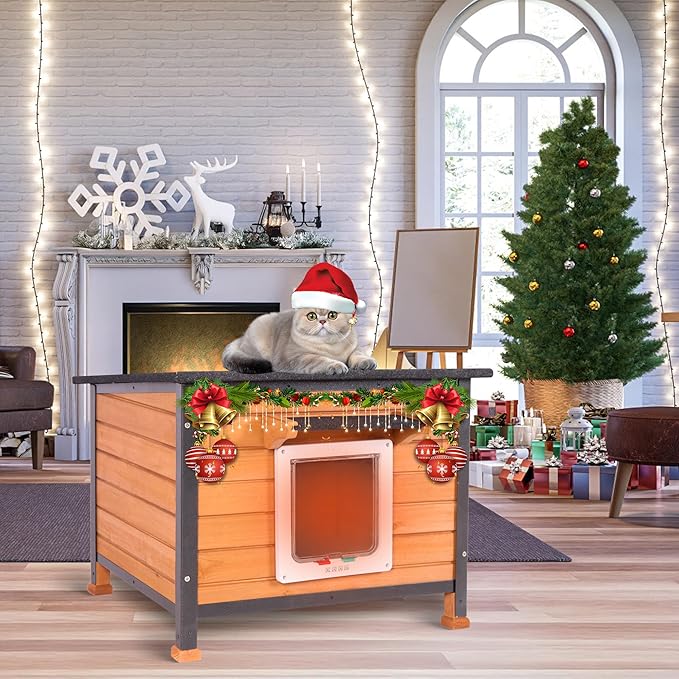 Insulated Cat House Outdoor, Wooden Feral Cat Shelter Weatherproof with Thickened Insulated Liner Keep Warm in Winter for Intdoor Cats, Dogs