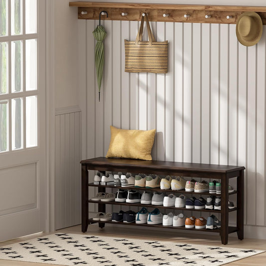 Shoe Bench Storage Rubberwood with Leather Cushion for Entryway Bench Ideal for Hallways Shoe Rack Front Doors Entrances Mudrooms Featuring 3 Height-Adjustable and Removable Shelves