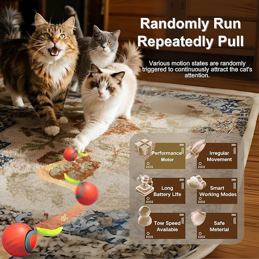 Interactive Cat Ball for Indoor Cats - Dual-Speed Automatic Rolling Ball Toy with 90Min Run Time, Plush + Feather Tails, Energetic Cat Chase Exercise, Blue/Orange