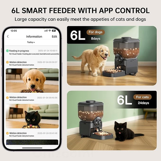 Automatic Pet Feeder for Cat and Dog - 6L Auto Cats Food Dispenser with Camera - WiFi App Control Smart Feeders with Timed - Dogs Feeding Station with 15-Day Battery Life After Power Off
