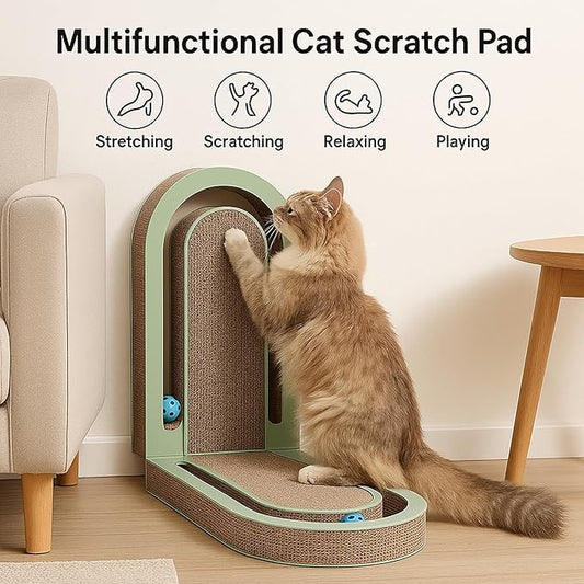 Extra Long 26" Folding Cat Scratch Pad with Chasing Bells Double Sided Interactive Cardboard Cat Scratcher Cat Scratching Board for Cats Cardboard Scratching Pads for Indoor Cat Toy