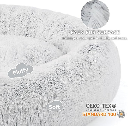Bedsure Calming Dog Bed for Extra Large Dogs - Donut Washable Large Pet Bed, 45 inches Anti-Slip Round Fluffy Plush Faux Fur Dog Bed, Fits up to 120 lbs Pets, Frost Grey