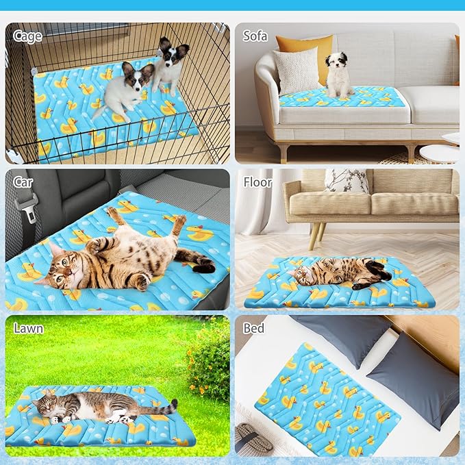 KOOLTAIL Cat Cooling Mat, Upgraded Two Sided Cooling Pad for Dogs Cats Puppy, Soft Pet Sleeping Blanket Keep Cool in Summer with Cute Duck Pattern, Washable Waterproof for Crate Sofa Bed, Blue S