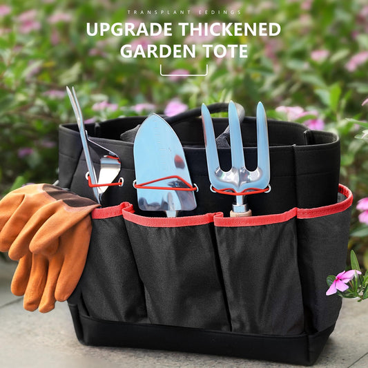Garden Tools 9-Piece Heavy Duty Gardening Hand Tools with Fashion and Durable Garden Tools Organizer Handbag, Rust-Proof Garden Tools Set, Ideal Gardening Gifts for Women (Black Red)