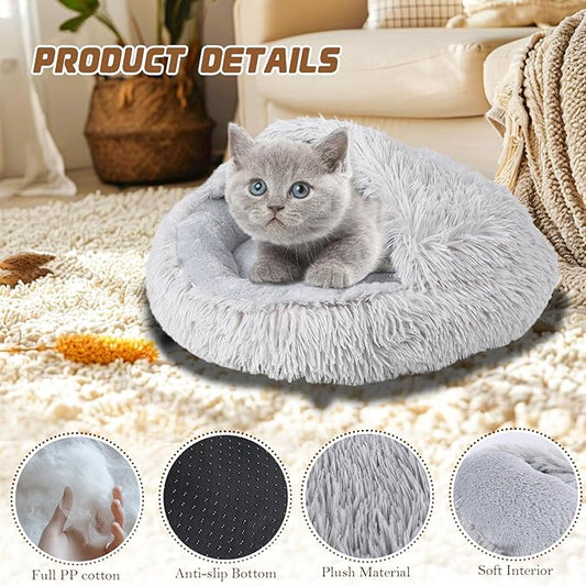 Bdor Cat Beds & Dog Bed with Cover Cave, 20in Round Beds for Medium Small Pets, Self Warming Soft Plush Donut Calming Pet Bed for Indoor Cats Dogs Puppy Kitten, Washable Bed with Non-Slip Bottom