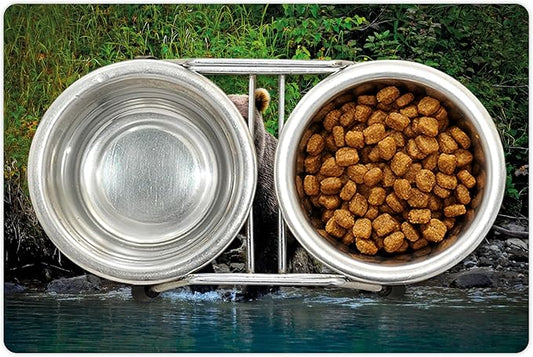 Lunarable Cabin Pet Mat for Food and Water, Grizzly Brown Bear in Lake Alaska Untouched Forest Jungle Wildlife Image, Non-Slip Rubber Mat for Dogs and Cats, 18" X 12", Brown Green