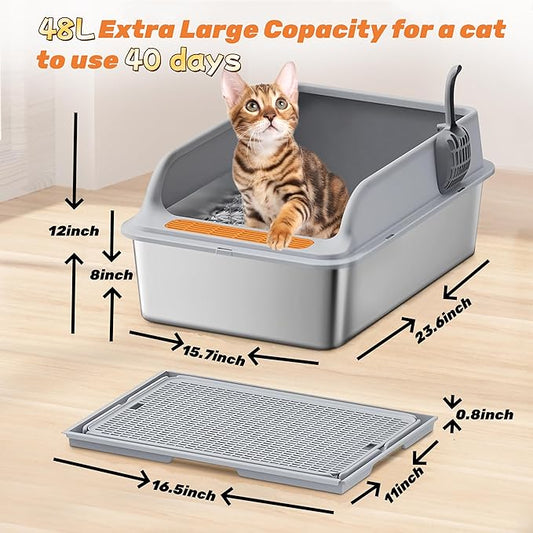 Stainless Steel Cat Litter Box for Multi-Cat Homes - High-Sided Anti-Leak Design,Large Cat Toilet, Non-Stick Surface, Odorless & Easy Clean, Durable with Litter Mat & Scoop