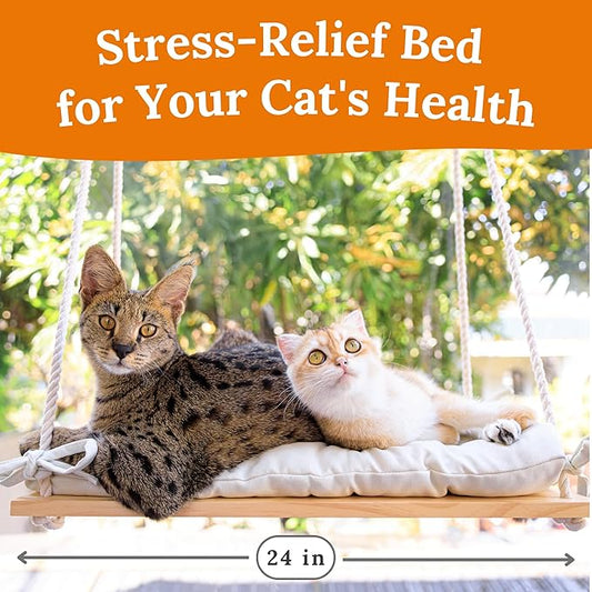 Cat Window Perch for Large Cats - Hammock Bed for Heavy Indoor Cats - Solid Wood Seat, 5 Strong Suction Cups, Soft Cushion - Rustic Shelf for Pets Inside