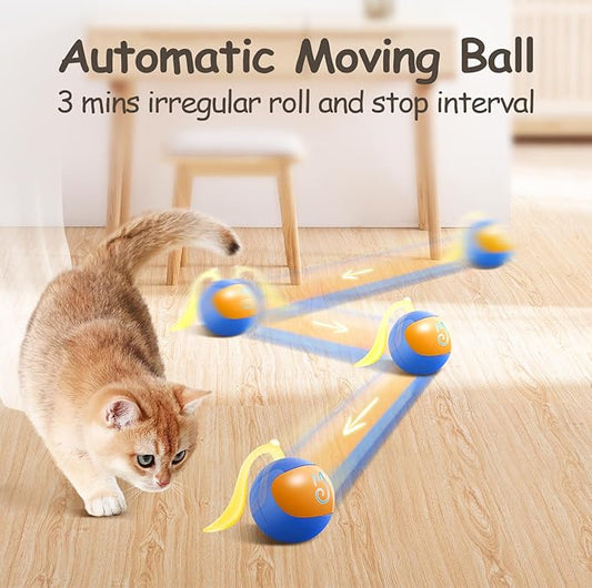 Migipaws Interactive Cat Ball Toy Set, Fun Tracker, Automatic Rolling Chase Ball with Fluffy Tail, A Small Mice, Rechargeable (Blue)