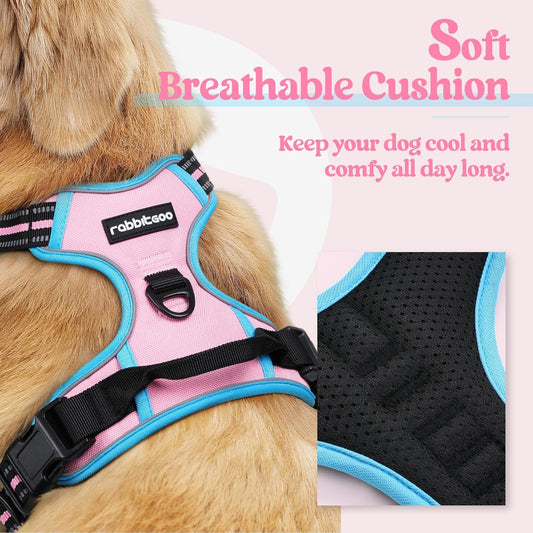 rabbitgoo Dog Harness No Pull with 2 Leash Clips, Adjustable Soft Padded, Reflective Oxford No Choke Pet Vest with Easy Control Handle for Large Dogs, Pink & Blue, XL