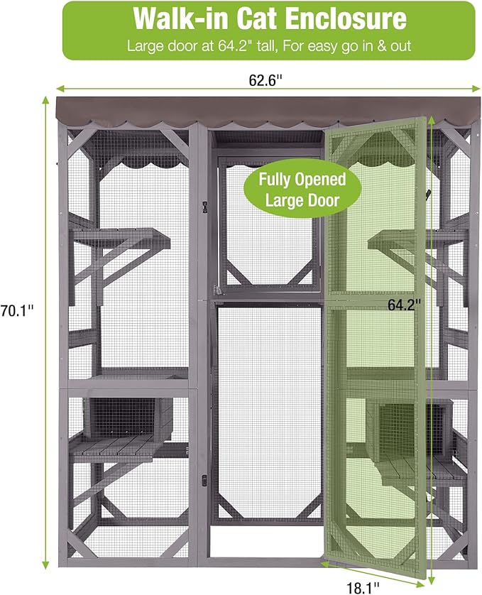 GUTINNEEN Catio Large Cat House Outdoor Walk in Outdoor Cat Enclosure Indoor Cage Kitty Condo Playpen with Door, Platform & Small House - 62.6"