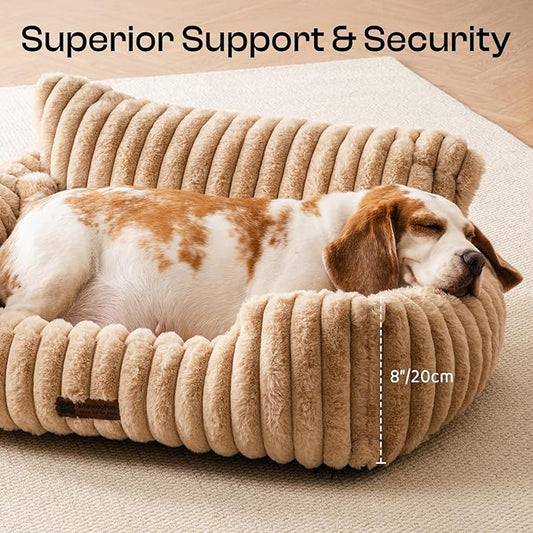 MEWOOFUN Dog Couch Bed, Fluffy Small Dog Bed with Removable Washable Cover, Supportive Cat Couch for Cats & Dogs up to 25 lbs (Camel, 30x21x12)