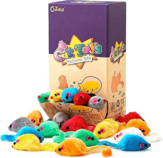 CHIWAVA 36PCS 4.1'' Furry Cat Toy Mice Rattle Small Mouse Kitten Interactive Play Assorted Color