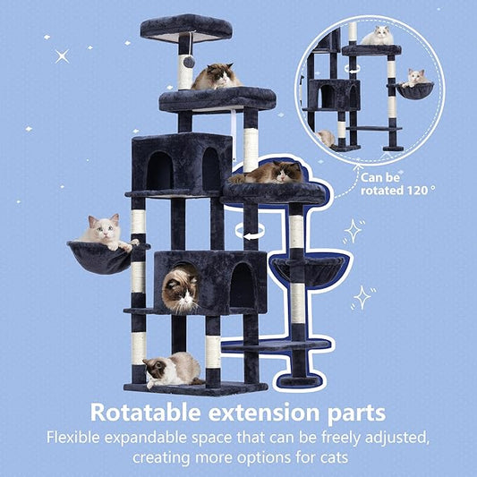 Hey-brother Cat Tree Tower, Scratching Posts with a Extended Part, Wide Platforms, Cozy Condos, Hammocks, Sisal Columns and Ball for Indoor Cats, 70.1 Inches, Smoky Gray MPJ038G
