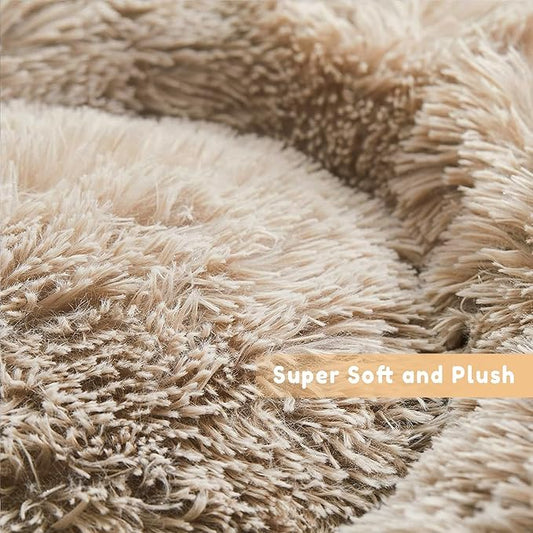 Cat Bed for Indoor Cats and Small Medium Dogs - Washable 20/24 Inches, Round Fluffy Plush Faux Fur, Anti-Anxiety, Thick Bottom (Light Brown, Medium)