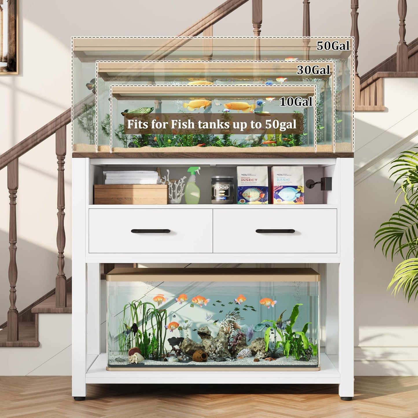 40-49 Gallon Fish Tank Stand with Two Storage Drawers, Heavy Duty Aquarium Stand with Waterproof Mat, Sturdy Metal Frame, 800 LBS Capacity Storage Cabinet, White