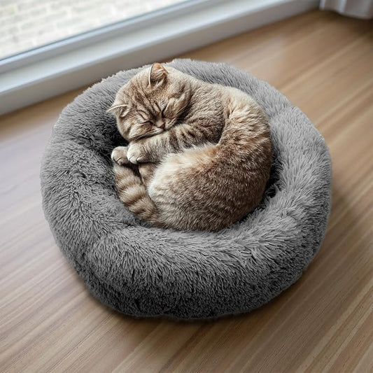 Athena Collection Washable Small Dog Bed, Cat Bed for Indoor Cats, 24 Inches Fluffy Faux Fur Round Pet Bed Calming Cozy Soft Warming Donut for Small Dog Puppy Kitten, Grey
