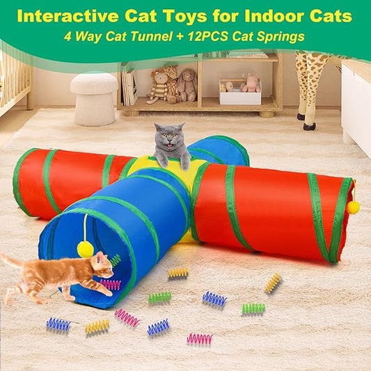 Cat Tunnel for Indoor Cats, 4 Way Large Cat Play Tunnel Tube with 12 Springs, Folded Pet Tube with Interactive Peephole, Large Rainbow Pet Tunnels for Indoor Kitten Rabbit