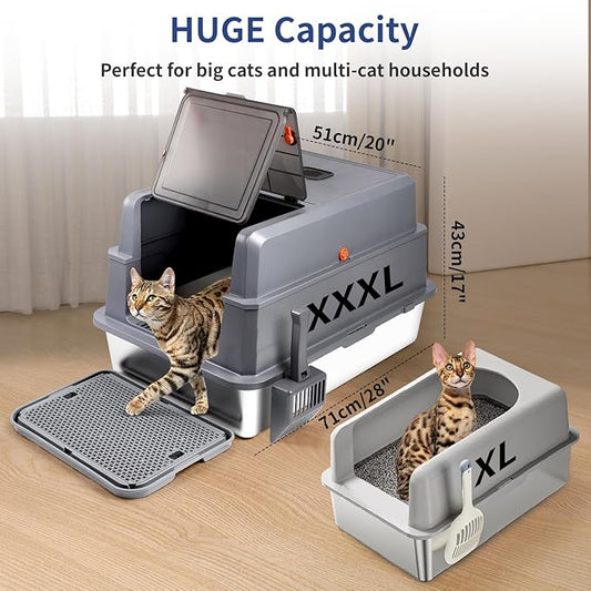 XXXL Stainless Steel Litter Box with Lid, Extra Large 28" L x 20" W x 17" H Enclosed Metal Cat Litter Box with Litter Scoop & Foot Pedal, Odor Control, Easy Cleaning for Big Cats (Dark Grey)