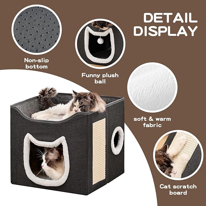 Cat Beds for Indoor Cats, Large Cat Cave with Fluffy Ball and Scratch Pad, Foldable Cat Scratch House with Hideaway Condo for Kitten,16x16x14.5inch,Grey