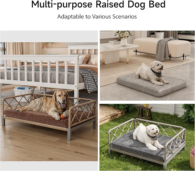 Dog Bed with Cushion, Cooling Elevated Raised Beds with Rattan Breathable Mesh and Universal Mat, Indoor & Outdoor Pet Cots for Small Dog, Grey