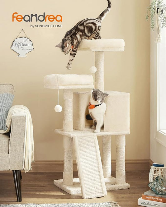 Feandrea Cat Tower, 45.3-Inch Cat Condo with Scratching Post, Ramp, Perch, Spacious Cat Cave, for Kittens, Elderly Cats, Adult Cats, Small Space, Beige UPCT141M01