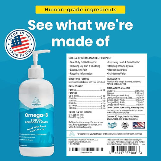 Wild-Caught Omega 3 Fish Oil for Dogs & Cats, Liquid EPA DHA Supplement for Skin, Coat, Joints & Heart, Low-Odor Omega 3 Drops for Small Dog Breeds & Cats with Itchy Skin, 16 oz