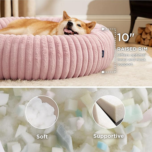 Bedsure Donut Large Dog Bed - Washable Faux Fur with Corduroy Fleece & Anti Slip Bottom, Round Pet Bed with Removable Cover, Blush Pink, 36x36x10 inches