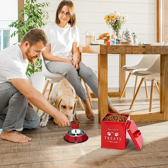 Meraki Home Dog Food Bin & Treats Container - Lateral Handles and Tight Lids - Feed Scoop - Premium Glossy Red Pet Food Bowl -Large Farmhouse Metal Storage Bin - Great Gift for Cute Pets (Glossy Red)