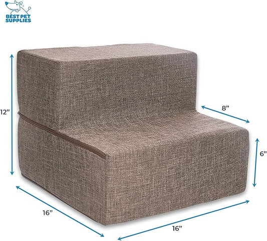 Best Pet Supplies Dog Stairs & Steps - Foam Steps for Small Dogs & Cats, Non-Slip Indoor Balanced Pet Step Support, Dog Ramp, No Assembly, Brown Linen, Foldable 2-Step (12-inch Height)