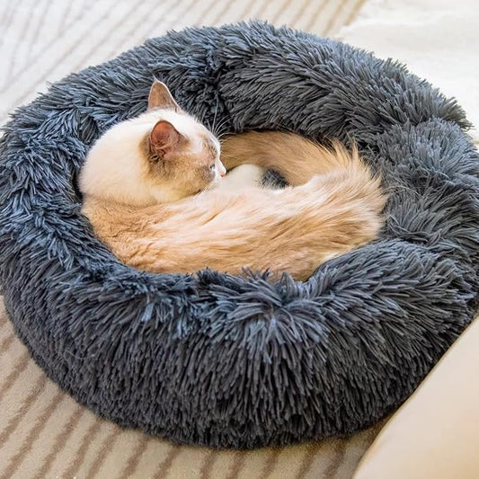 Kitty City Cat Beds - Washable 20/24 Inch, Anti-Anxiety Round Faux Fur, Thick Bottom (Dark Grey, Medium) for Indoor Cats & Small Dogs
