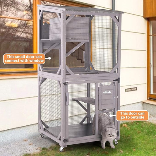 Aivituvin Cat Catio Kitty House Outdoor and Indoor Run Large Wooden Cat Enclosure on Wheels 70.9" Upgraded Version Kennel Cage with Reinforcement Wooden Strip,2 Sets Include