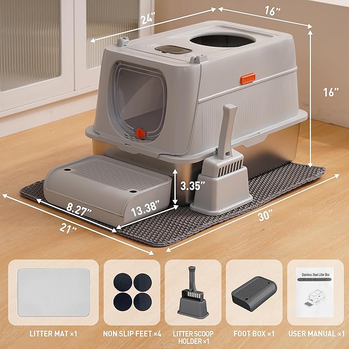 Citylife Stainless Steel Cat Litter Box with Lid, Front & Top Entry Extra Large Metal Kitty Litter Box Enclosure with Scoop & Double Layer Mat, Anti-Leakage, Non-Sticky, Light Grey