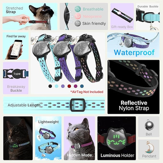 Waterproof Airtag Cat Collar, Breakaway Cat Airtag Collar with Luminous & Reflective Pattern Strap, Lightweight Kitten Collars for Apple Air tag, Hidden Holder for GPS Tracker - Cats, Kittens (9-13")