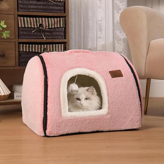 Cat Bed Cave for Indoor Cats - Soft and Comfortable House With Removable Washable Cushioned Pillow, Enclosed Hideaway, Small Large Dog Tent (Pink)