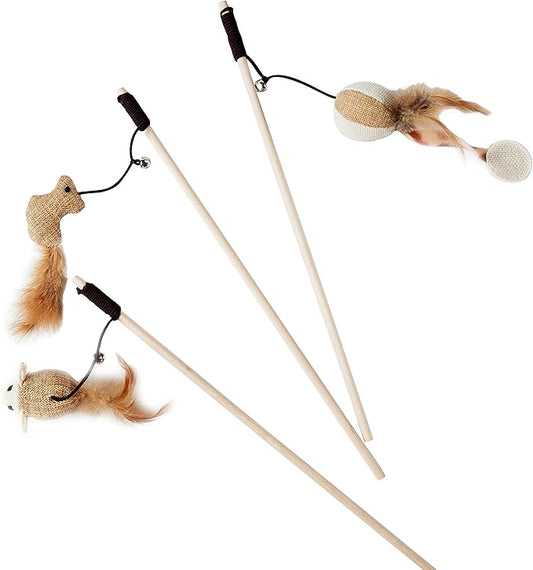 Cat Teaser Cat Kitten Toys Set Natural Sisal Wand Teasers with Mouse, Bell, Feather, Elastic String, and Sturdy Wood Rod