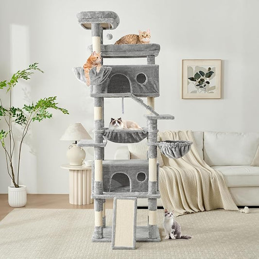 Cat Tree, 80-Inch Large Cat Tower with 9 Scratching Posts, 2 Perches, 2 Caves, 2 Basket, 2 Stairs, Extra Large Hammock, Pompoms, Multi-Level Plush Cat Condo for Indoor Cats/Light Grey