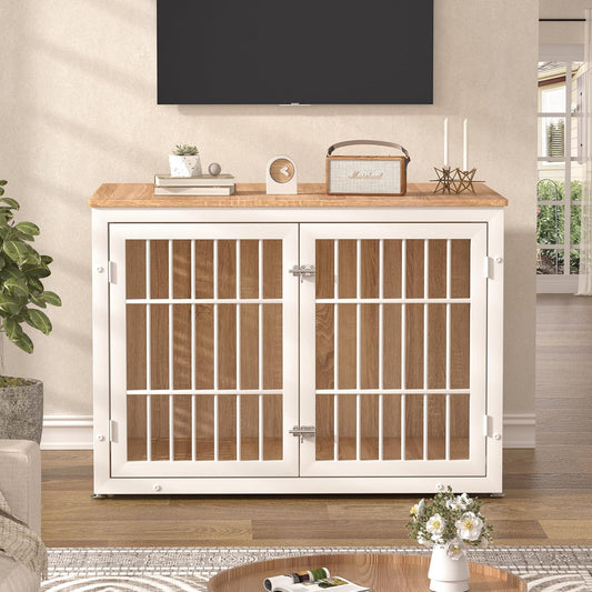 42" Heavy Duty Dog Crate Furniture for Large Dogs, Metal Kennel for High Anxiety Dogs, White Wooden Cage Furniture Indoor, Decorative Dog Kennel End Table, XL