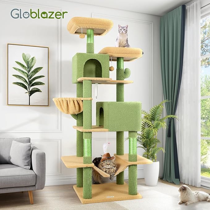 Globlazer Cactus Cat Tree Tower 76-Inch Extra Tall Multi-Level Cat Furniture with Cozy Condos,Interactive Toys and Perches for Large Cats, Perfect for Climbing, Scratching, and Play, F76, Green