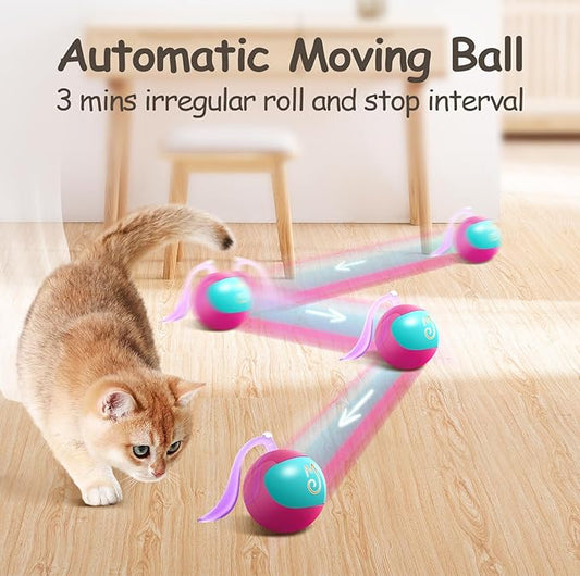 Migipaws Interactive Cat Ball Toy Set, Fun Tracker, Automatic Rolling Chase Ball with Fluffy Tail, A Small Mice, Rechargeable (Rose)