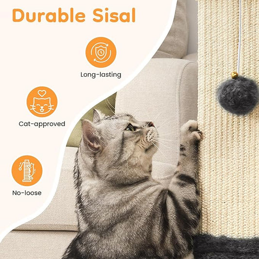 Indoor Cat Scratching Post: 32 in Tall Cat Scratcher with Natural Sisal Rope, Kitty Pet Tower with Sturdy Wood Base and Hanging Ball Toy, Great Gift for Small and Large Kittens, Grey