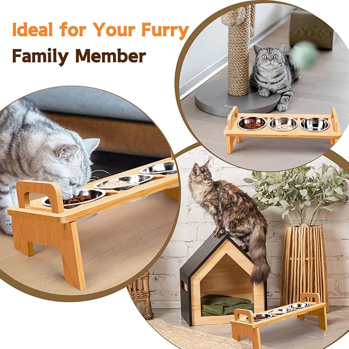 Elevated Cat Food Bowl, 3 Stainless Steel Raised Cat Bowls with Stand, 15°Tilted Cat Bowl for Small Dog, Cat Food and Water Bowl Set, Anti Vomitting, Whisker Fatigue and Dishwasher Safe - Natural