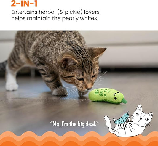 Catstages Crunchy Pickle Kicker Toy with Catnip and Dental Mesh, Pickle Shape, Plush and Crinkle Cat Toy for Kicking, Tossing, and Teeth Cleaning, Green